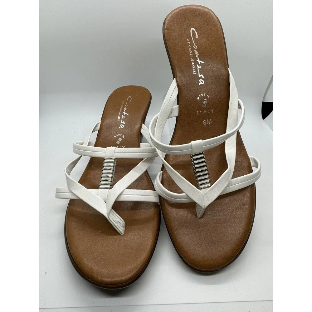 Contesa by Italian Shoemakers Size 9M White Wedge Silver Embellished Sandals